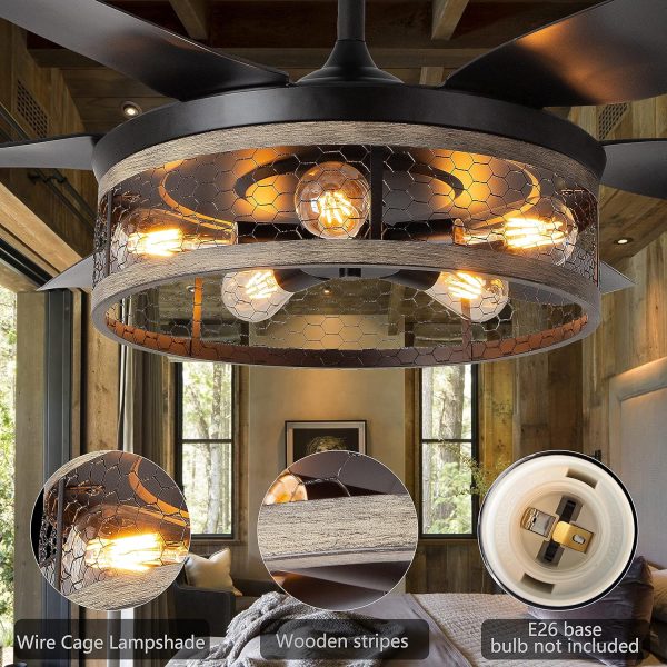 Farmhouse Ceiling Fan with Lights and Remote,52 inch Rustic Ceiling Fan with Caged Light Fixture, Retro Black Outdoor Ceiling Fans for Patio,Living Room,Dining Room,Bedroom